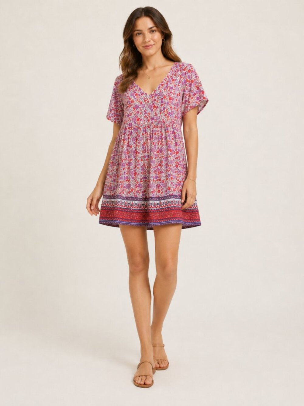 Knox Rose L Pink Red Purple Floral Boho Tunic Blouse V Neck Border Print Rayon